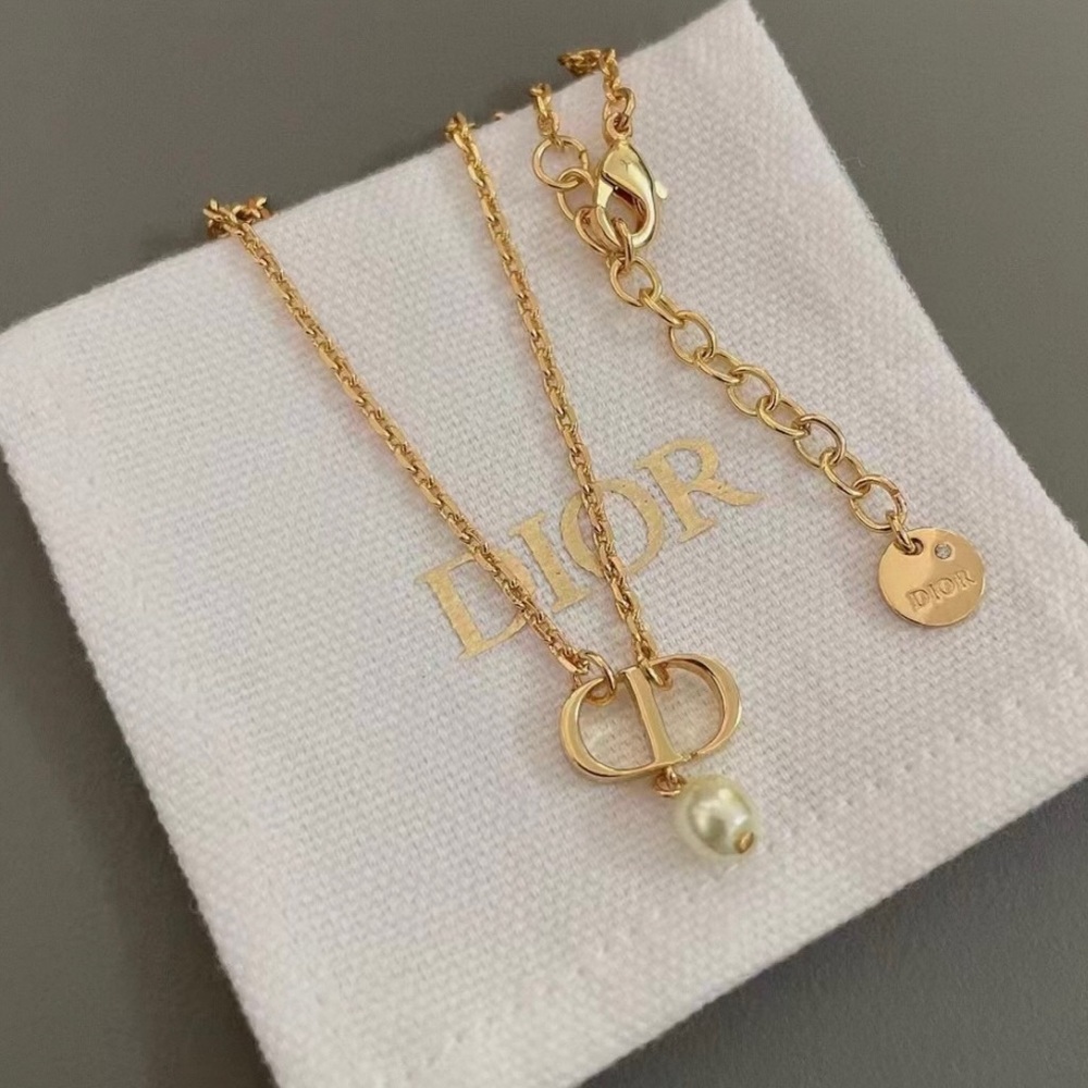 Dior Gold-Tone CD Logo Necklace with Pearl Drop